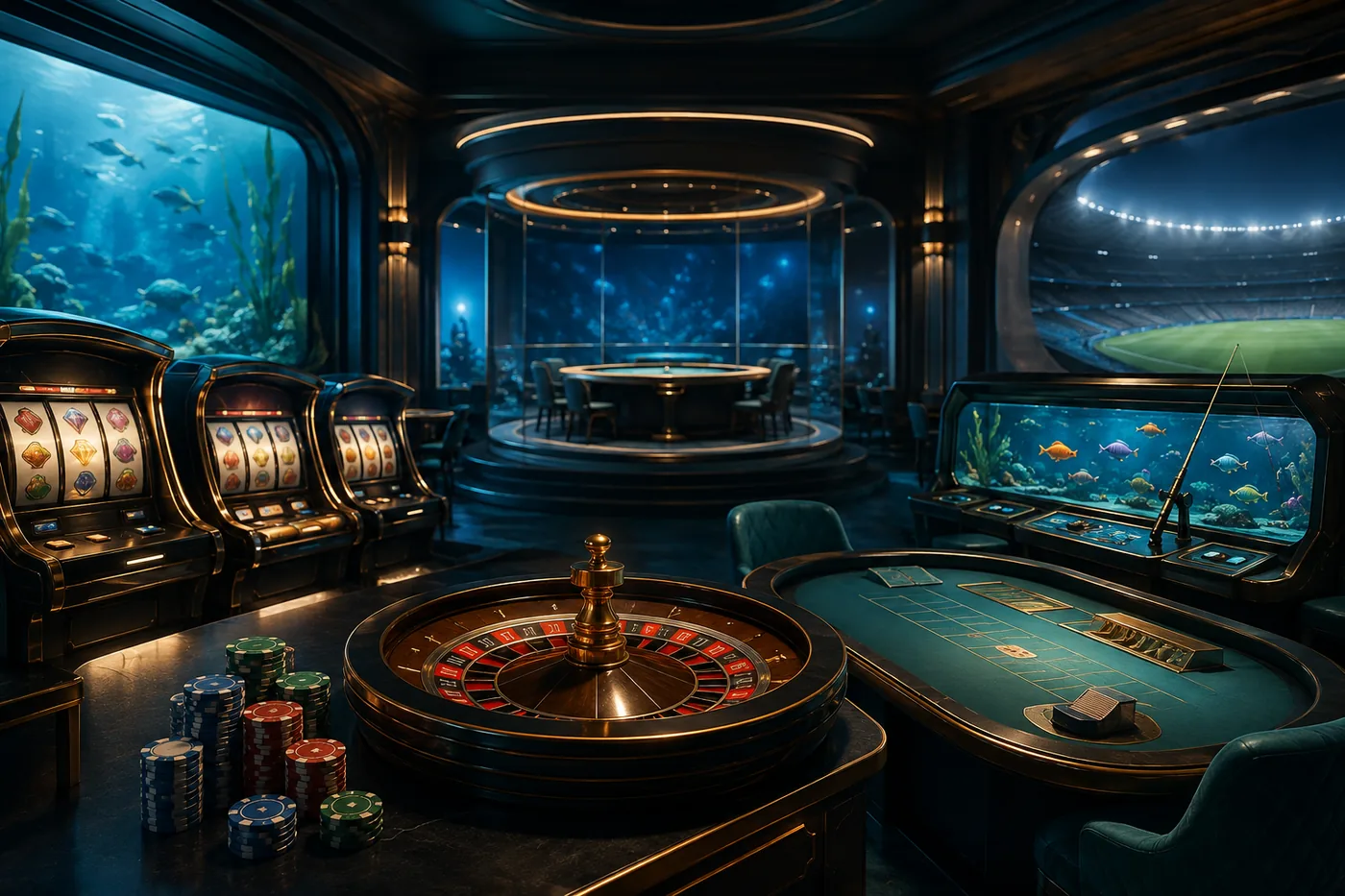 Ilustrasi kategori slot, meja kasino, live casino, dan sports yang dikaitkan dengan Fiona77
